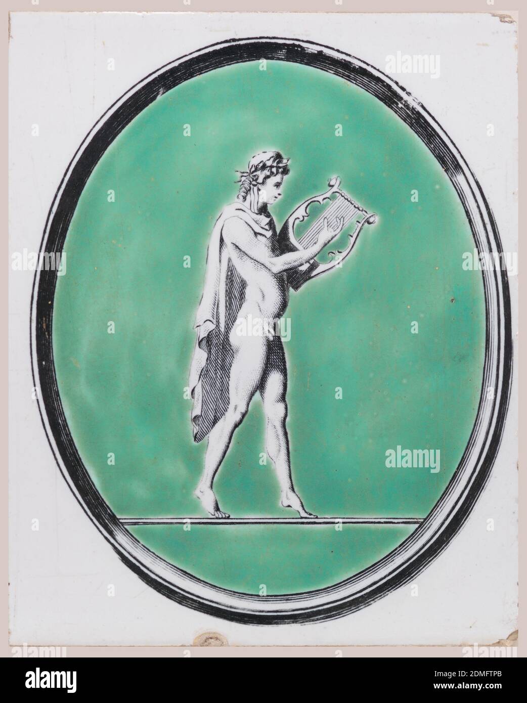 Tile, Transfer-printed, green-enamelled white pottery, Vertical rectangle. White glazed ground; upright oval black transfer-printed frame enclosing green area against which, in black on white, is a figure of Orpheus or Apollo holding a lyre., Liverpool, England, ca. 1780, tiles, Decorative Arts, Tile Stock Photo
