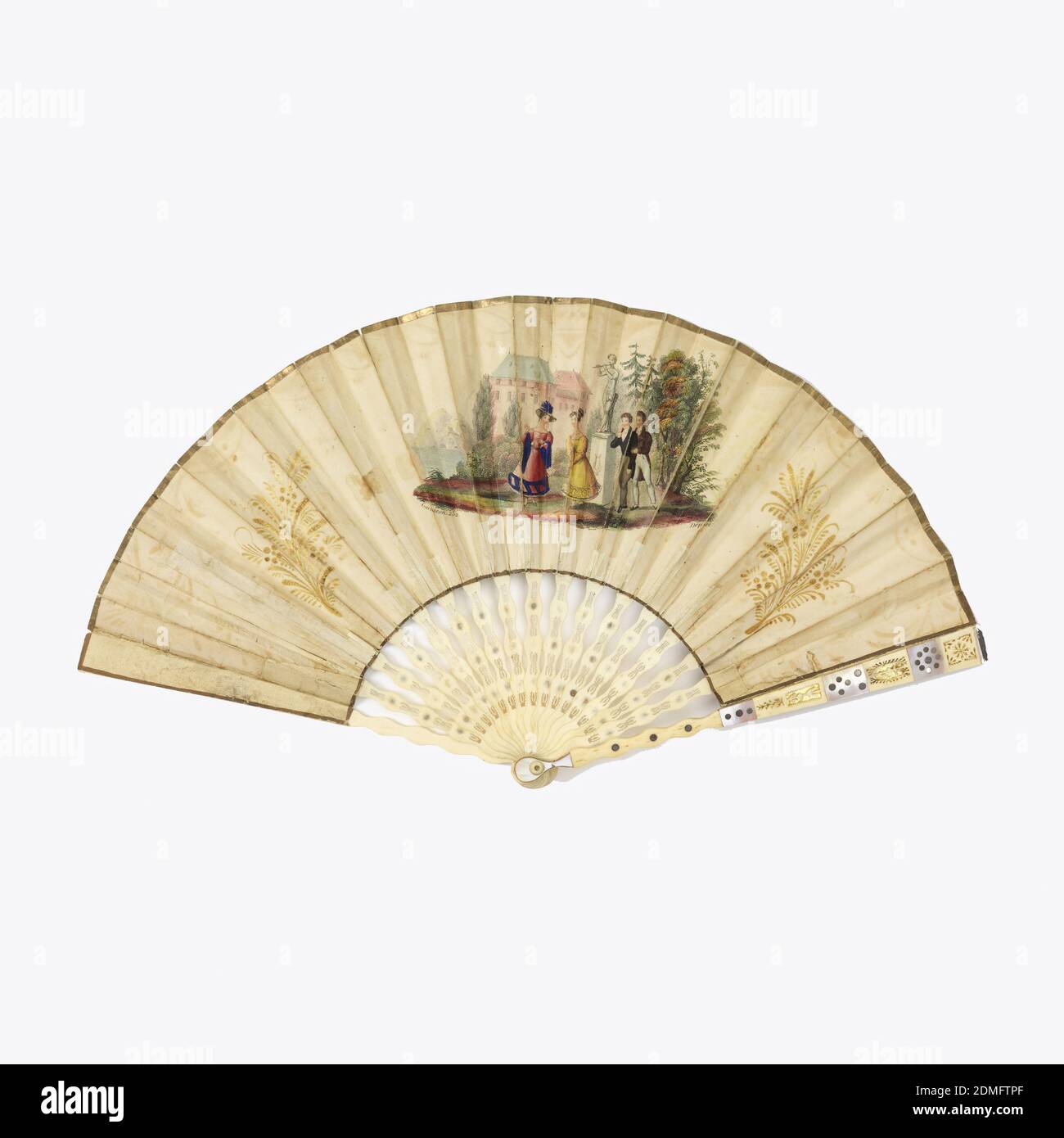 Pleated fan, Gilded paper leaf with hand-colored lithograph, pierced ivory sticks with spangles and mother-of-pearl plaques, Pleated fan. Gilded paper leaf with hand-colored lithograph. Obverse: a finely dressed man and woman meeting two rustic women on an island. Reverse: Two men and two women around a statue. Pierced ivory sticks with spangles and mother-of-pearl plaques., France, ca. 1830, costume & accessories, Pleated fan Stock Photo