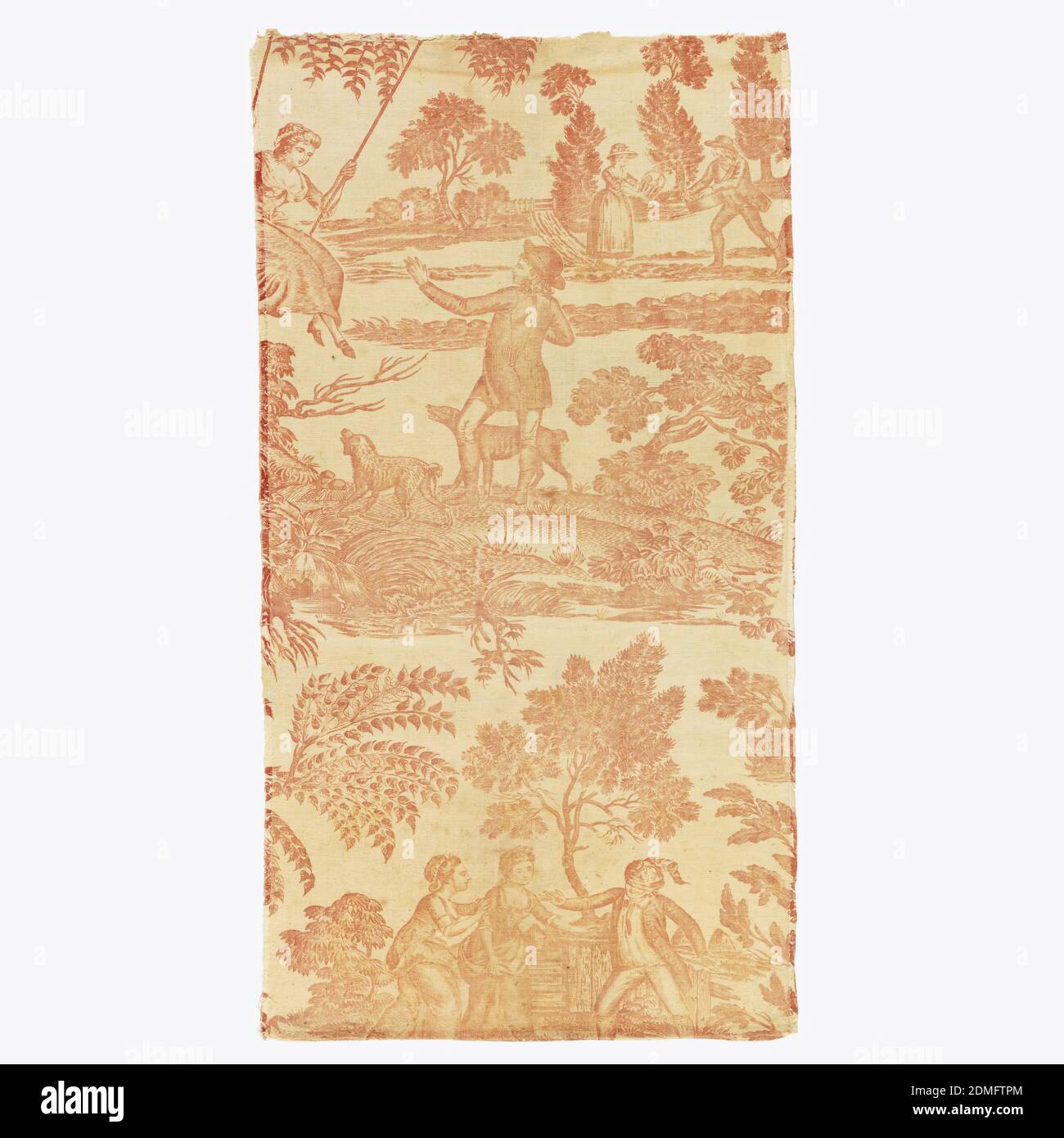 Fragment, Medium: cotton Technique: copperplate printed on plain weave, Textile fragment. Figures play 'blind man’s buff' in a rustic setting with water fowl. Above, a man pushes a woman on a swing while dogs look on. Behind stands a man and woman with picnic basket. Each piece is composed of several pieces sewn together., England, late 18th century, printed, dyed & painted textiles, Fragment Stock Photo