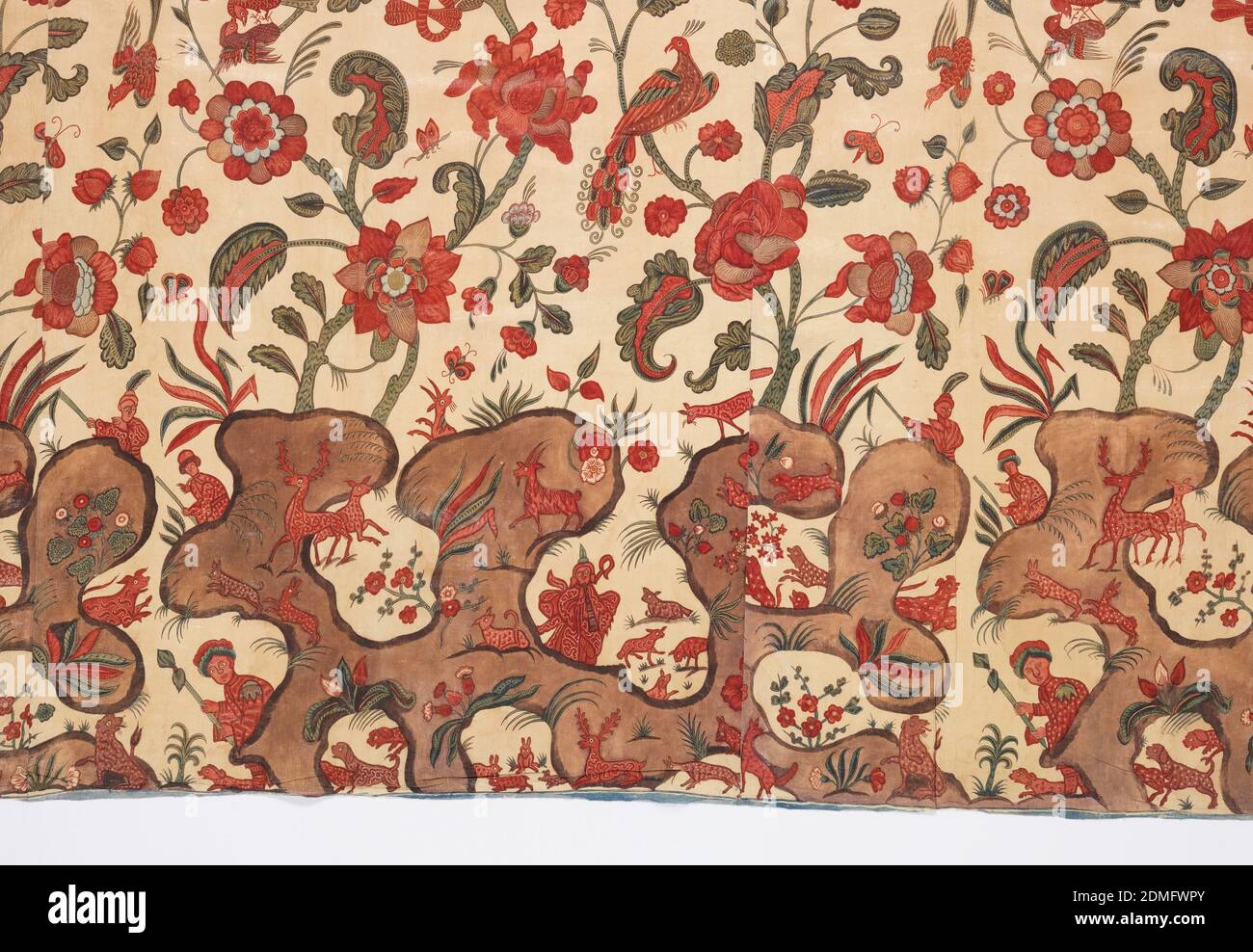 Bed hanging, Medium: cotton Technique: mordant painted and dyed plain weave (chintz), Large hanging of cotton chintz, lined with pale blue Chinese silk damask (now removed), contemporary with the chintz, and bound on three sides with twill curtain binding. The design is of large-scale flowering branches with large blossoms, smaller sprays of flowers, and heavily curved leaves, with birds (peacocks, parakeets, and pheasants) perched among them. With exception of certain leaves, design elements have different color scheme and internal decoration with each repetition Stock Photo