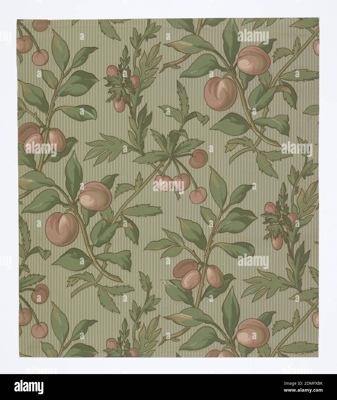 Sidewall, Machine-printed paper, All-over pattern of branches laden with different fruits scattered on a pinstripe ground; single-motif diamond-shaped repeat in off-set columns; fruits are pink and look like cherries, plums, and other pit fruits; naturalistic shading on foliage and fruit; ground is gray with bright green stripes., USA, ca. 1880, Wallcoverings, Sidewall Stock Photo