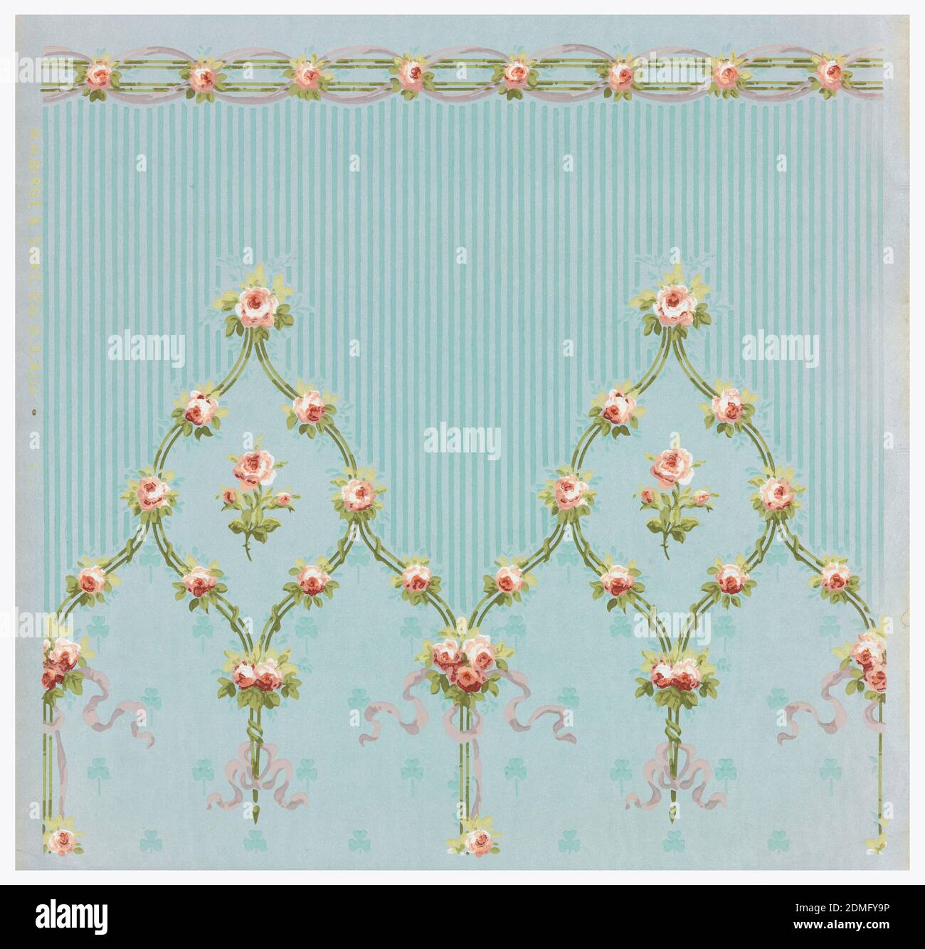 Sidewall and frieze, M.H. Birge & Sons Co., 1834, Machine-printed paper, mica, a) Petite floral stripe pattern. Small bouquets with ribbons on moire ground with three-leaf clover motif; b) Crown frieze with floral stripe meeting in pointed arch. Pinstripe pattern above arches. Printed in selvedge: 'MH Birge & Sons Co USA'., Buffalo, New York, USA, 1905–1920, Wallcoverings, Sidewall and frieze Stock Photo
