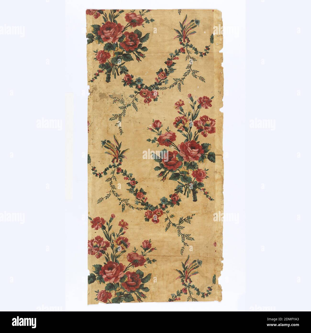 Sidewall, Block-printed on handmade paper, Bouquets of red roses and carnations, with floral swags. Printed on yellow ground with red pin dots., H# 395, France, 1780–1800, Wallcoverings, Sidewall Stock Photo