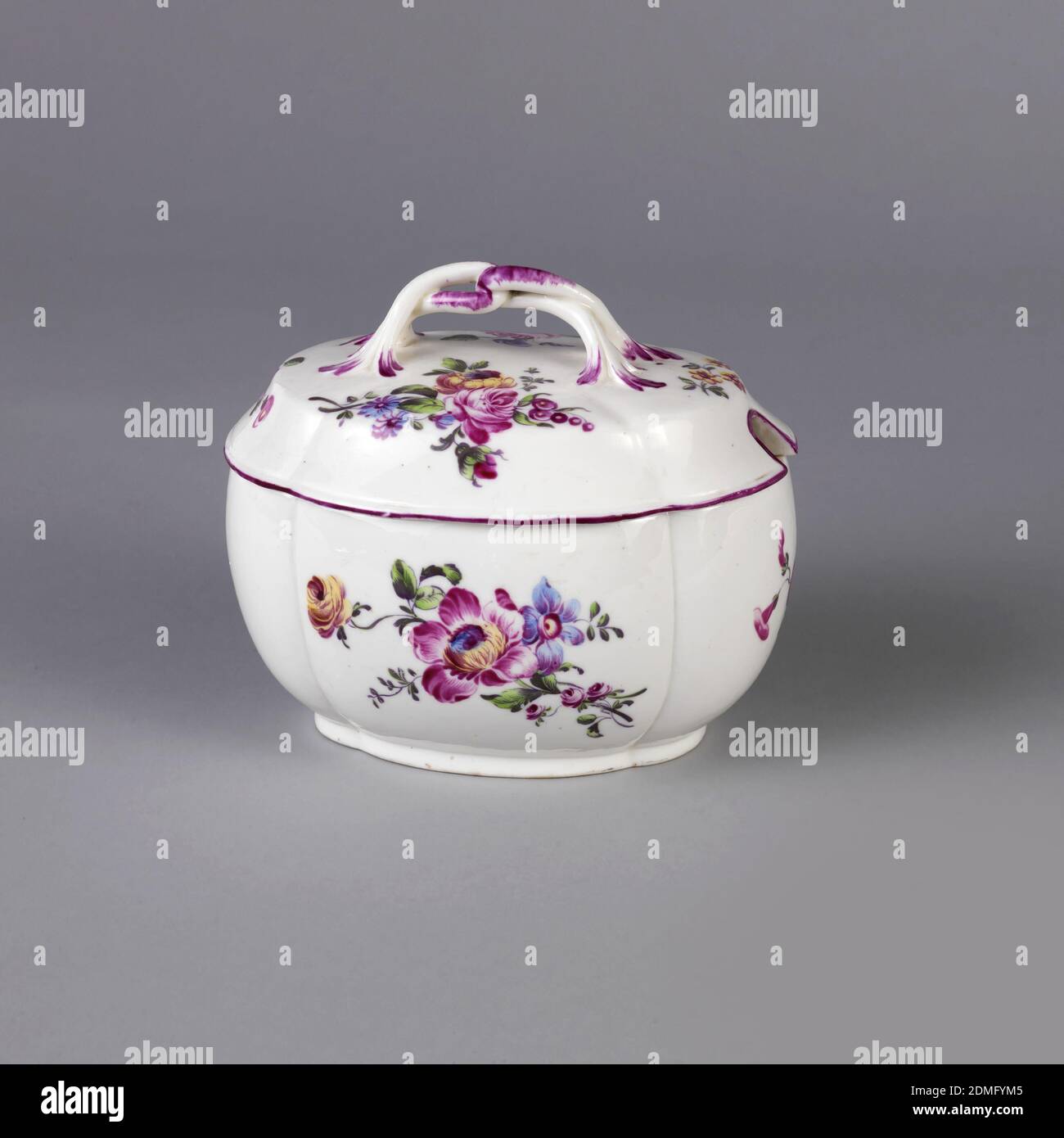 Sugar Bowl and Stand, Mennecy Porcelain Manufactory, French, active 1735 – 1773, soft paste porcelain, vitreous enamel, Round bowl with large scalloped edges; lid has plant form loop handle. Lid rim is painted in deep purple. Decorated with deep pink-purple, yellow and blue blossoms and green leaves and stems on white background. Bowl's interior has painted green leaf., Mennecy, France, mid- 18th century, ceramics, Decorative Arts, sugar bowl and stand, sugar bowl and stand Stock Photo