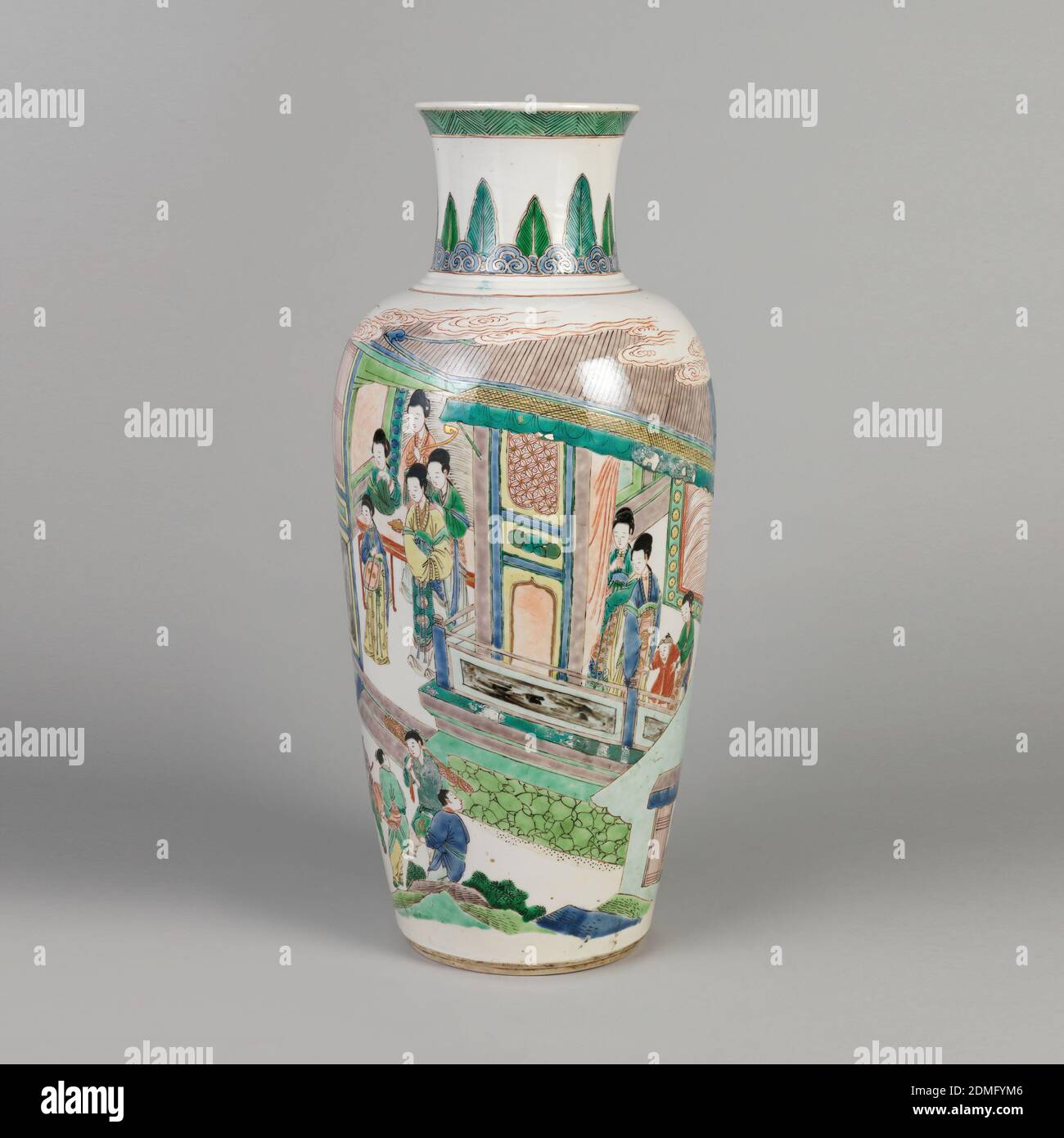 Vase, Enameled and glazed porcelain, 'Famille verte' decoration; oviform vase; the sides depicting women watching from a doorway as a nobleman departs in a rickshaw., China, 17th–18th century, ceramics, Decorative Arts, Vase Stock Photo