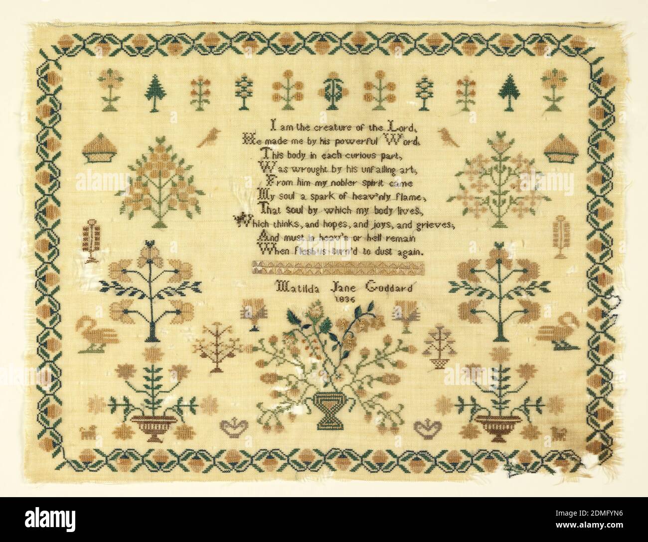 Sampler, Matilda Jane Goddard, American, Medium: silk embroidery on wool foundation Technique: embroidered in counted cross and satin stitches on plain weave foundation, A verse and inscription in the center are surrounded by a symmetrical arrangement of trees, flowering trees, fruit baskets, and birdbaths. With a strawberry vine border., The verse reads:, I am the creature of the Lord, He made me by his powerful word, This body in each curious part, was wrought by his unfailing art, From him my nobler spirit came, My soul a spark of heavenly flame, That soul by which my body lives Stock Photo
