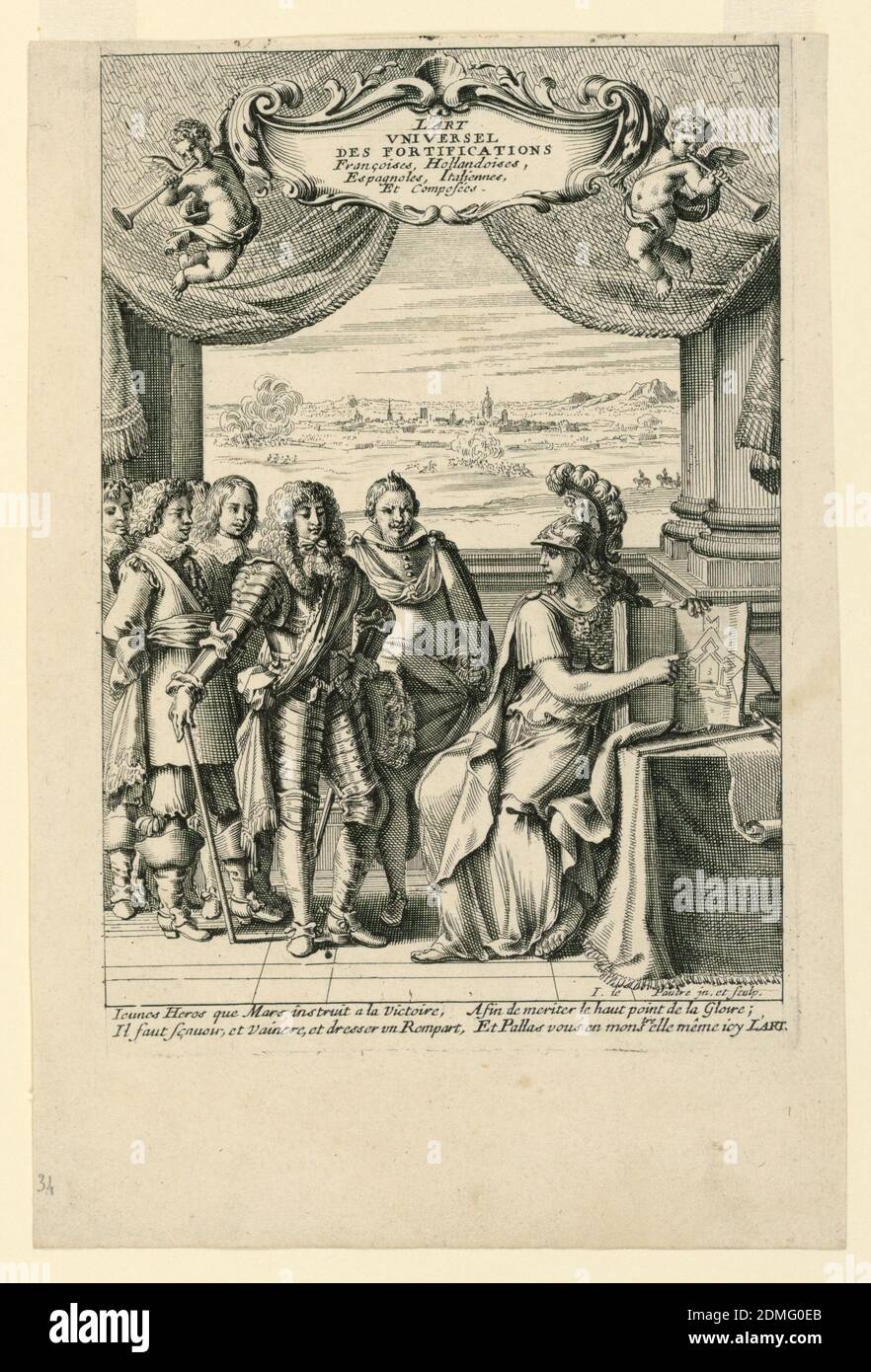 Title Page, from 'L'Art Universel des Fortifications Françoises, Hollandoises, Espagnoles, Italiennes et Composées', Jean Le Pautre, French, 1618–1682, Etching on paper, Athena, seated beside a table and pointing at the plan of a fortress in a book. A group of officers stand at left. View of a sieged town in the rear. The title is shown in an escutcheon held by two putti before a curatin., Europe, France, ca. 1660, Print Stock Photo
