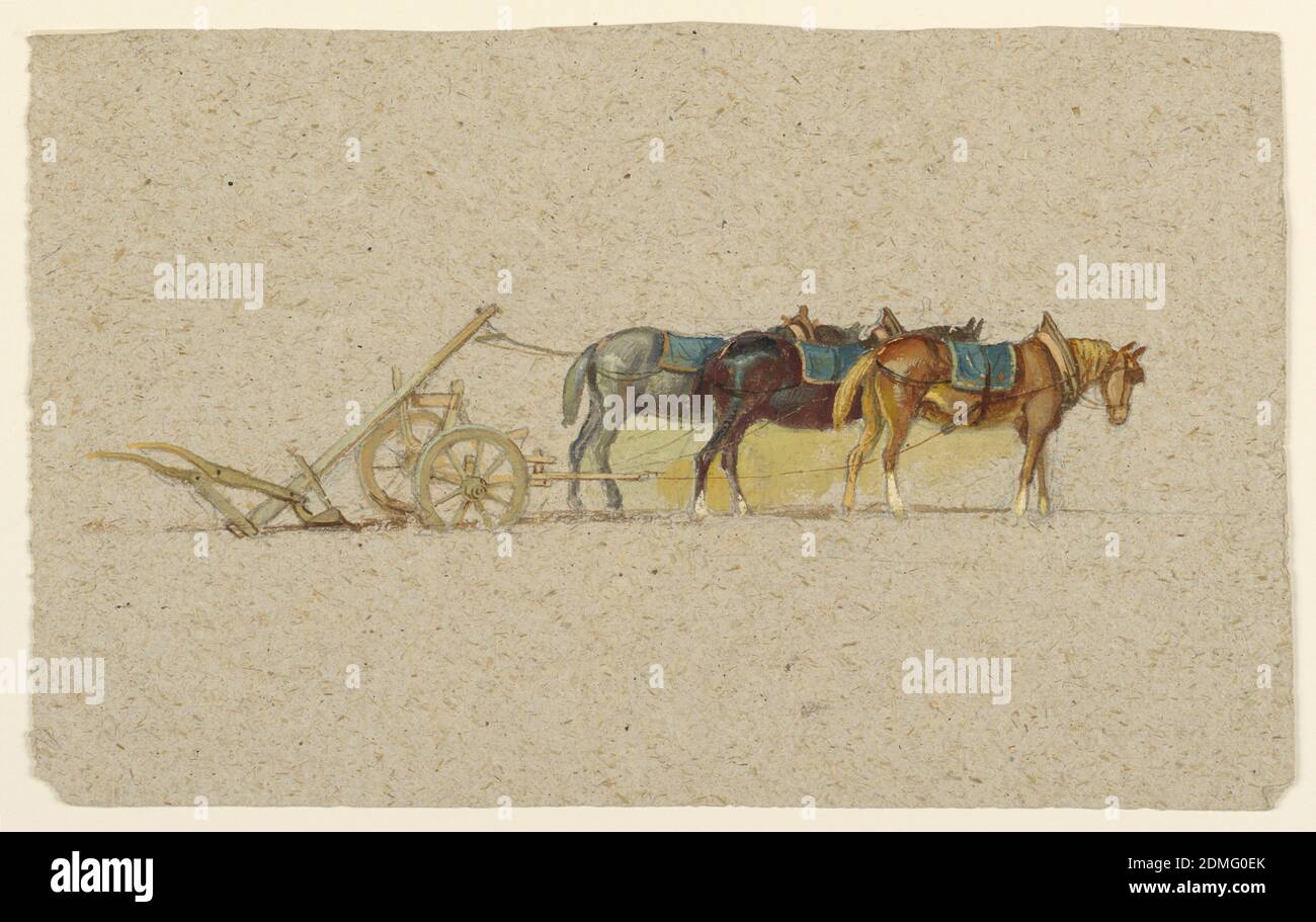 Study of Three Horses with a Plow, France, Samuel Colman, American, 1832–1920, Brush and watercolor, gouache, graphite on rough brown-grey paper, A plow with three horses, which stand at right and are shown staggered. Verso: At top, a standing cow shown in profile, turned toward left., France, 1873–74, animals, Drawing Stock Photo