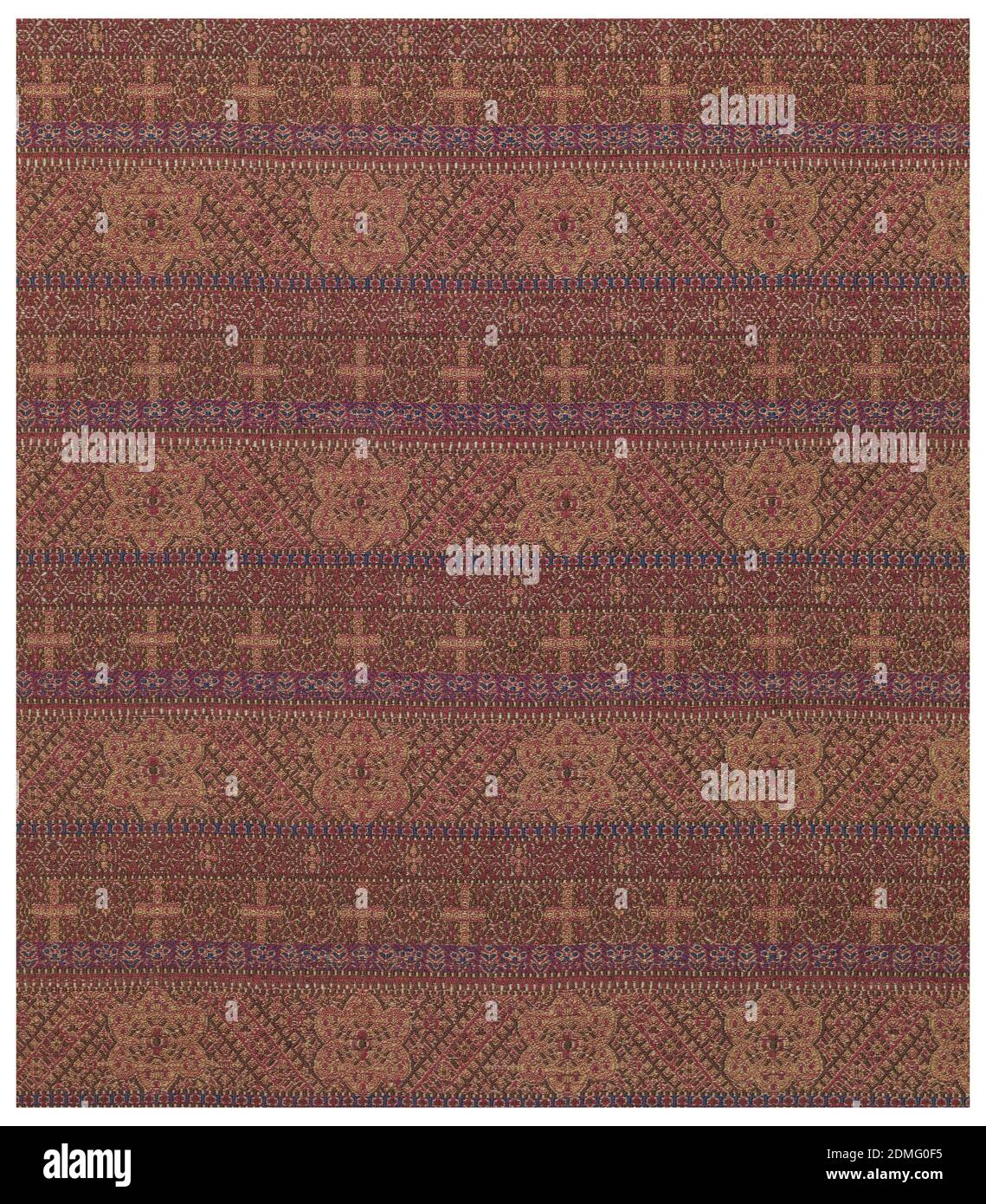 Shawl, Medium: Technique: machine woven, Allover pattern of two alternating bands. Pattern derived from Spanish ornament of the 13th century. Dominant color is a shade of rose-red., England, late 19th century, woven textiles, Shawl Stock Photo