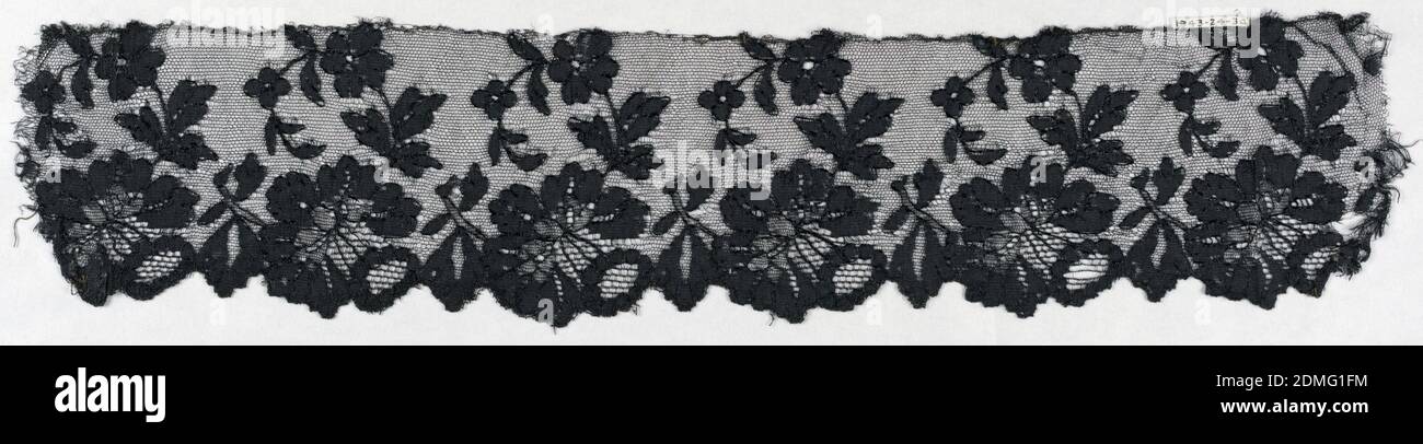 Fragments, Medium: silk Technique: machine made?, Black lace border with scalloped edge formed by flowers with a curving stem with flowers and leaves rising from each border flower., Spain, 19th century, lace, Fragments Stock Photo