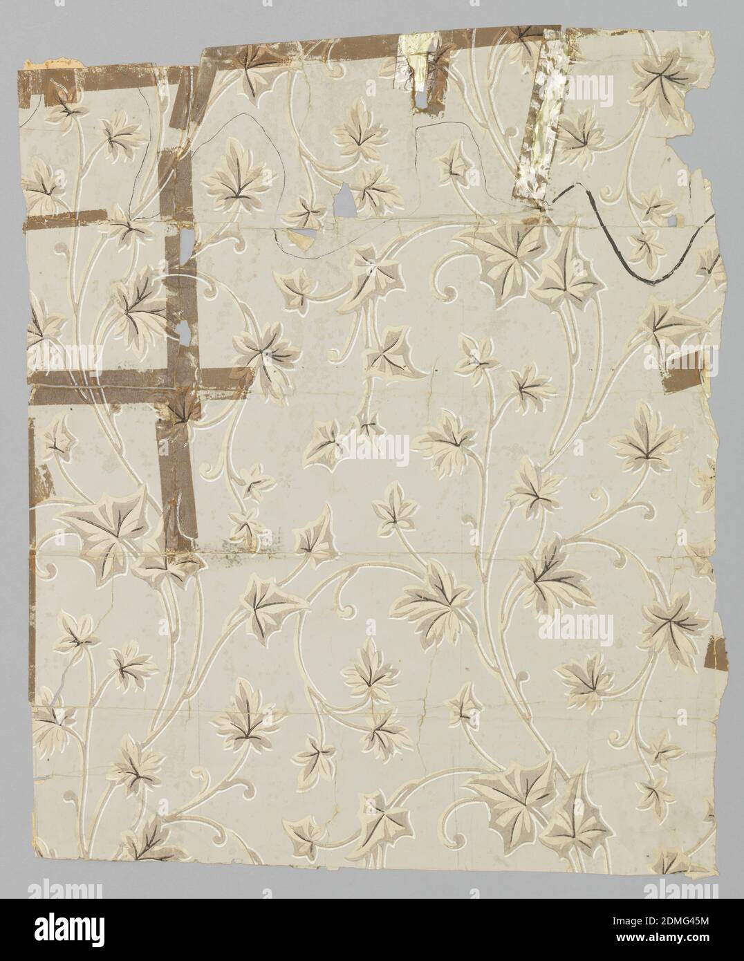 Sidewall, Block-printed on satin ground, Scrolling ivy design. Printed in gray, black and white on tan satin ground. Original documents for 'Climbing Ivy'., USA, 1850–70, Wallcoverings, Sidewall Stock Photo