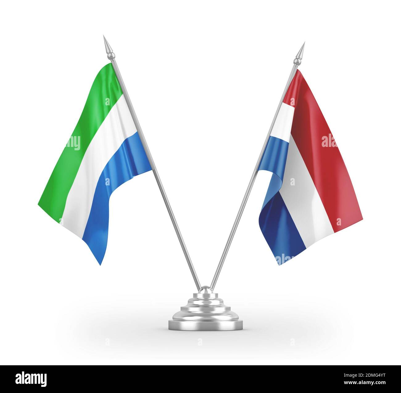 Netherlands and Sierra Leone table flags isolated on white 3D rendering Stock Photo