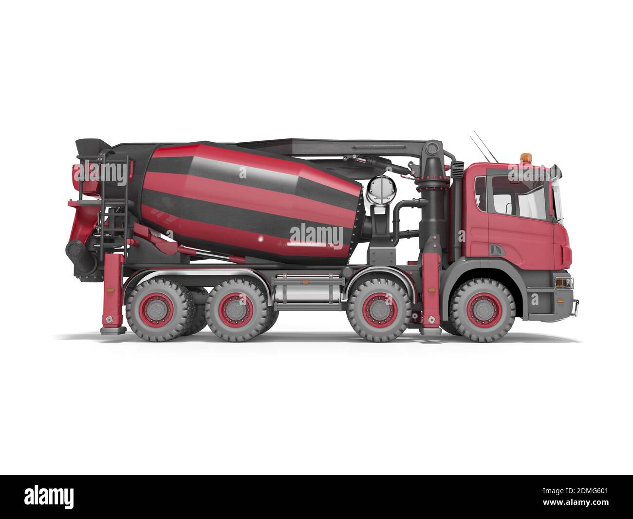 Red truck mixer with concrete pump with conveyor belt 3D rendering on