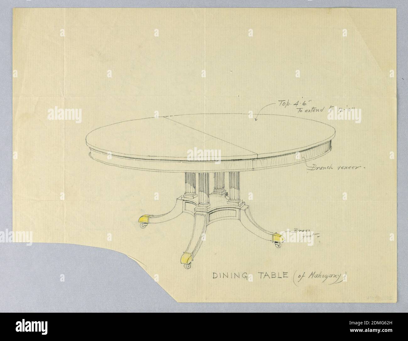 Design for Dining Table of Mahogany on Column-Like Supports, A.N. Davenport Co., Graphite and yellow color pencil on thin, cream paper, Round molded top with a dividing stretcher at center is raised on four reeded column-like supports sitting on molded rectangular basae terminating in four splayed legs with brass feet on casters indicated in yellow color pencil., 1900–05, furniture, Drawing Stock Photo