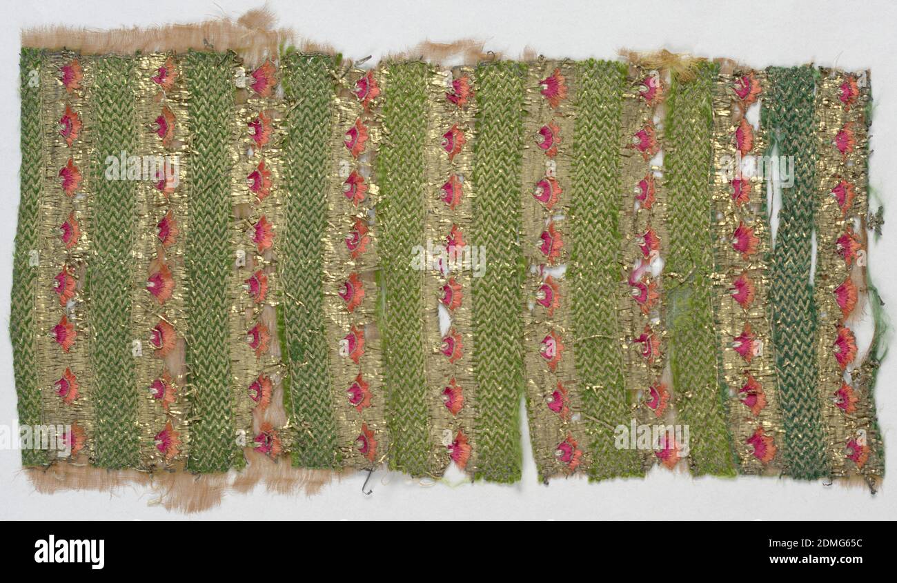 Fragment, Medium: silk, metal Technique: embroidered on plain weave foundation, Mughal-type embroidery fragment with alternating rows of red-orange flowerheads and green and metal thread herringbone stripes., India, 18th–19th century, embroidery & stitching, Fragment Stock Photo