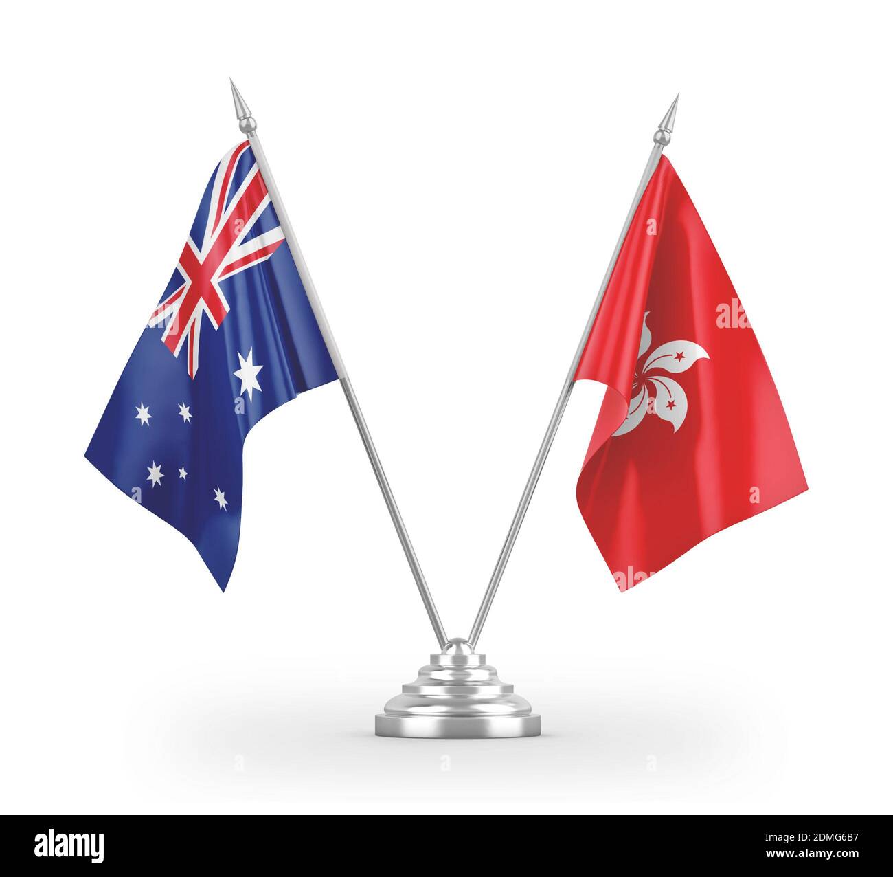 Hong Kong and Australia table flags isolated on white 3D rendering Stock Photo