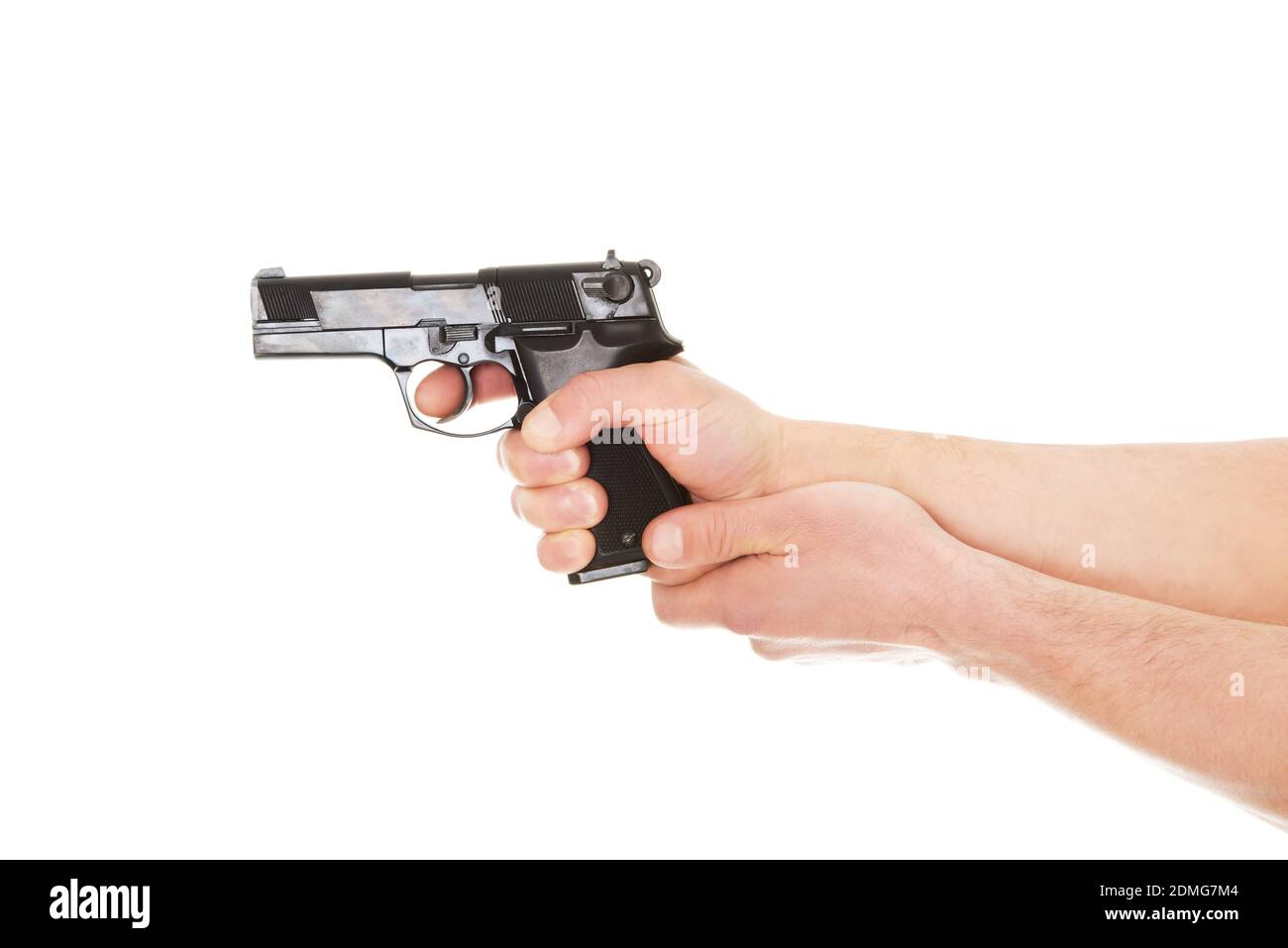 Close-up Of Hands Holding Gun Over White Background Stock Photo - Alamy