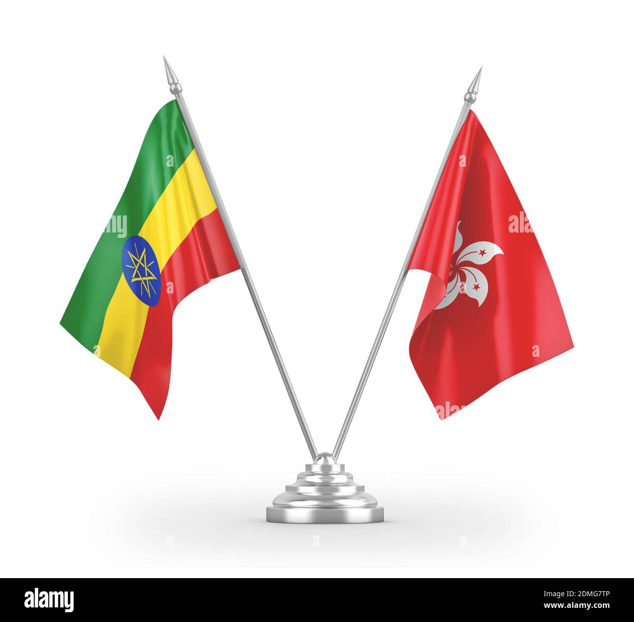 Hong Kong and Ethiopia table flags isolated on white 3D rendering Stock Photo