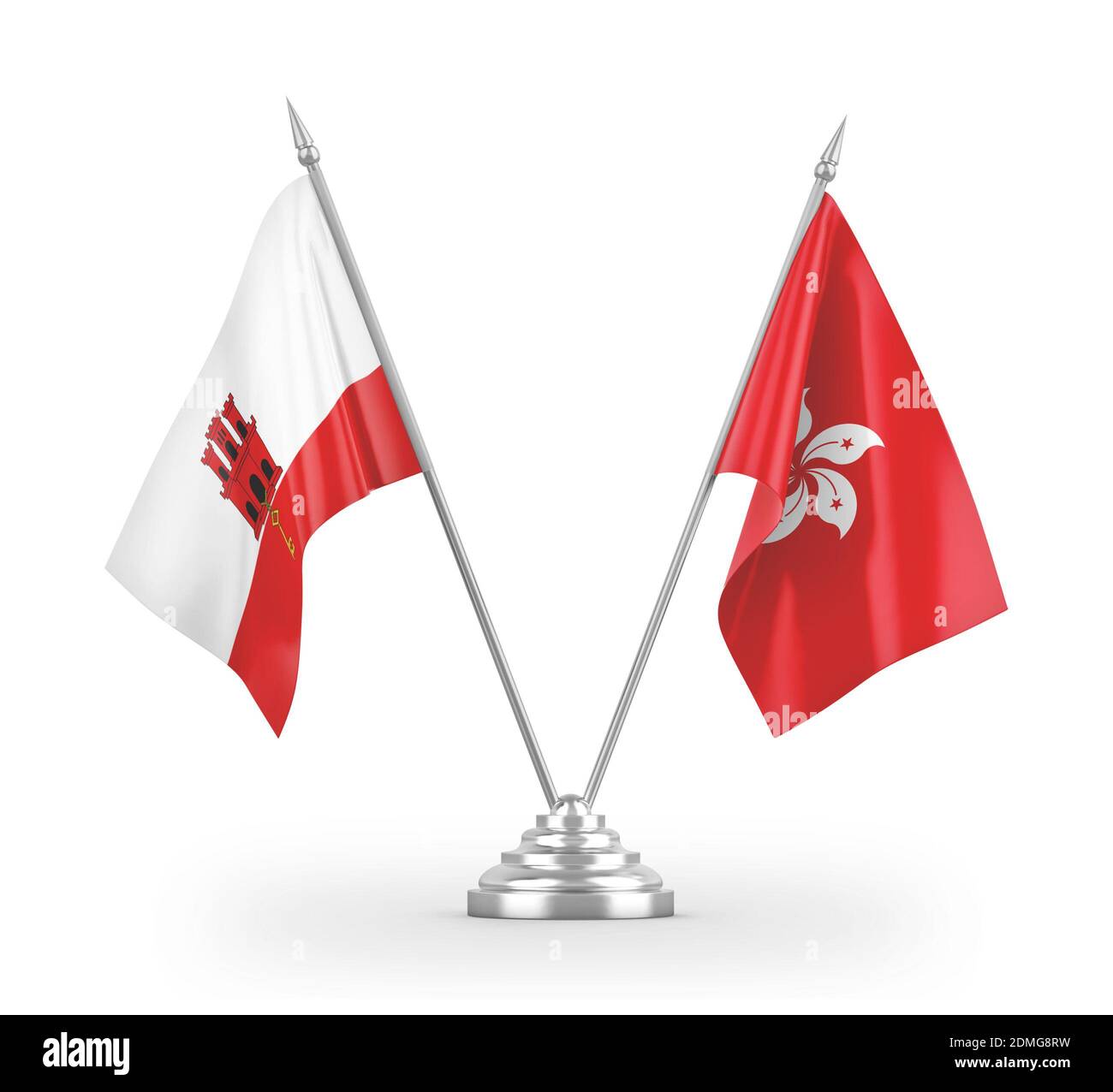 Hong Kong and Gibraltar table flags isolated on white 3D rendering Stock Photo
