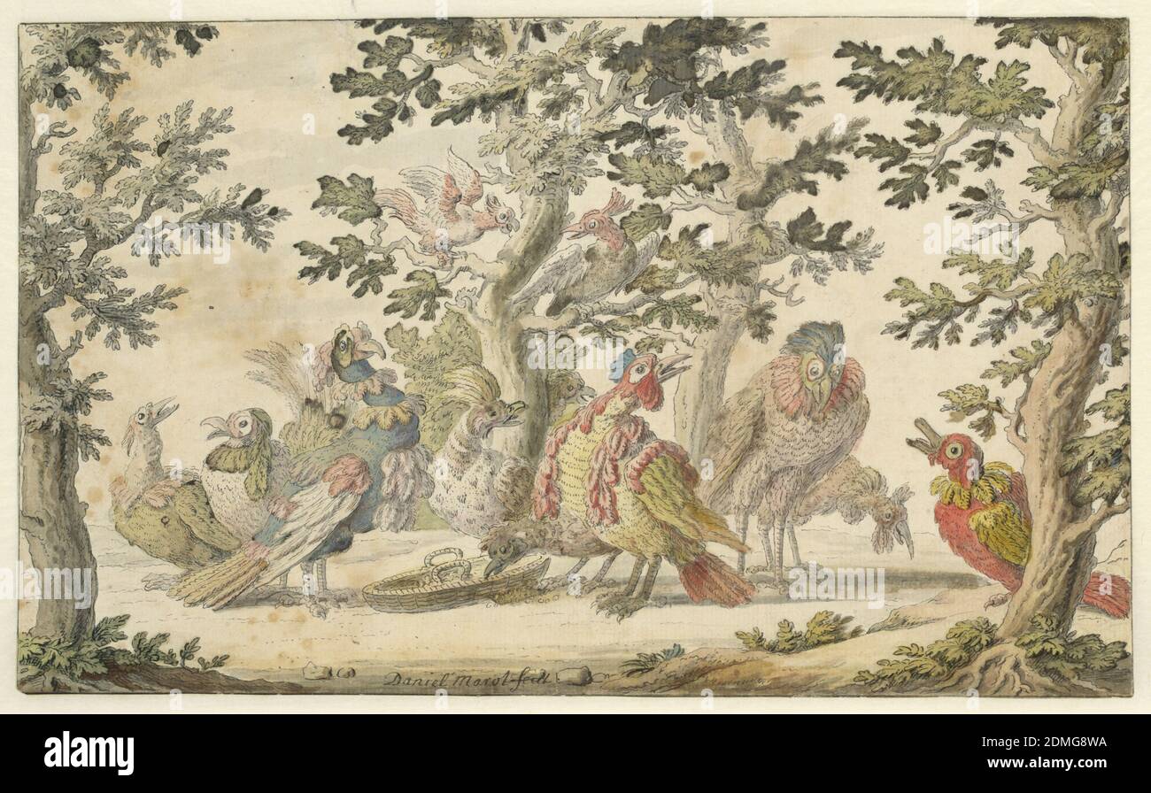 Design for a Tapestry or a Painted Wall Hanging, Pen and black ink, brush and brown wash, watercolor on laid paper, Eleven various wild birds scattered in setting of low trees. In lower center, feed basket from which one bird eats; upper center, two birds fight in tree. Pen and black ink border some edges., France, 1725–50, textile designs, Drawing Stock Photo