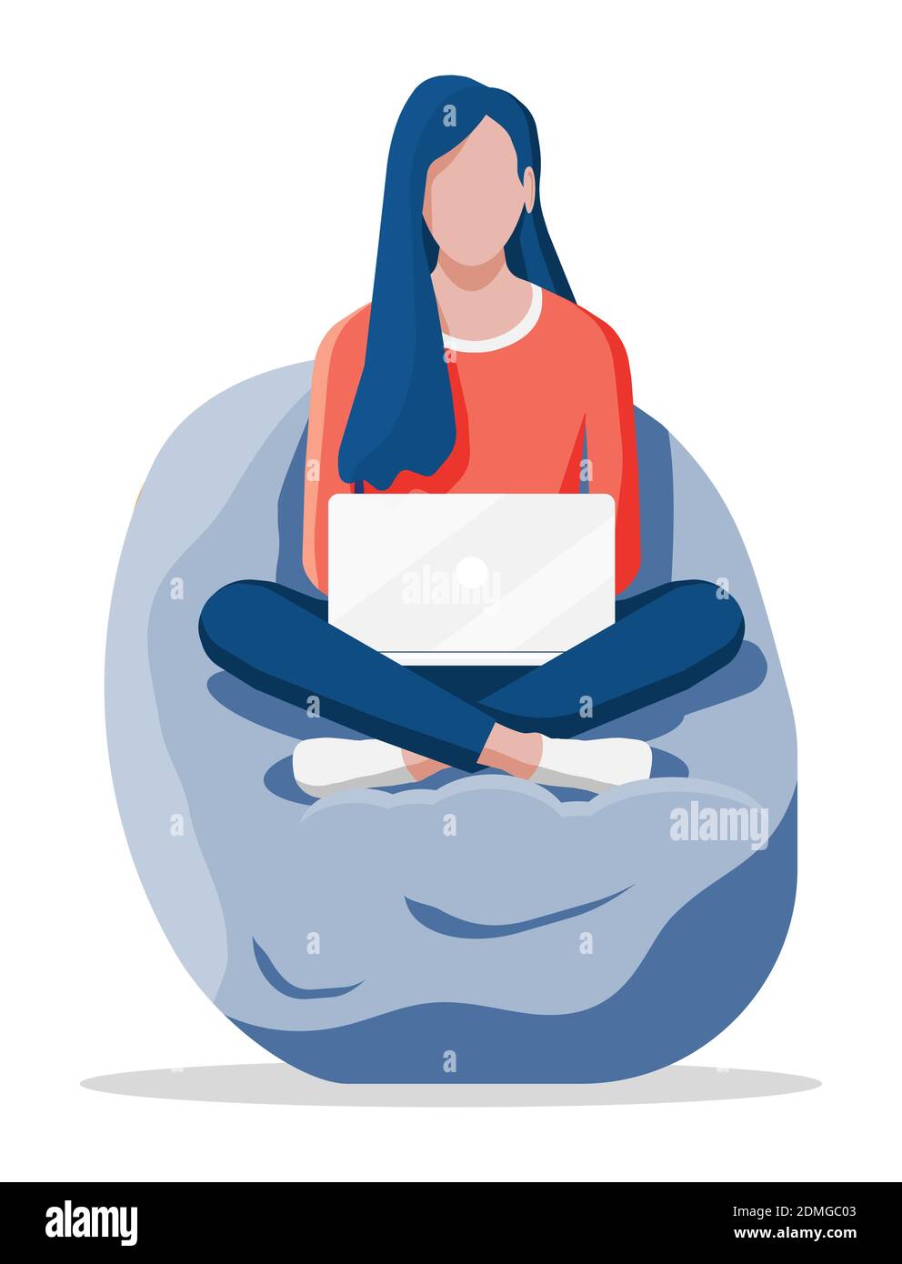 Girl sitting on bean bag chair. Woman work on laptop. Casual female  character chilling and browsing social media on notebook. Freelancer work  on computer. Cartoon flat vector illustration Stock Vector Image &