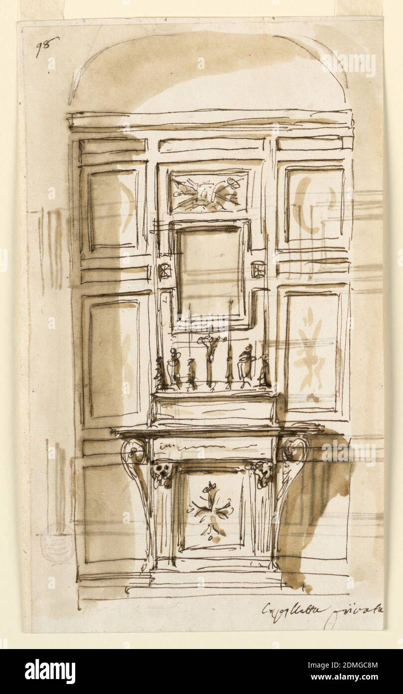 Elevation of an altar in a private chapel, Pen and brown ink, brush and brown wash, Vertical rectangle. Above the altar ledge stand four candlesticks, a crucifix, Mary and St. John. Above is the frame for a picture. A trophy of the arms of teh Passion is in the panel above it. The wall is divided into a dad and panels. Written below, at right: 'Capellata privata,' in the upper left corner: '98.' Reverse: Sketches for the decoration of a dado., Italy, n.d., architecture, Drawing Stock Photo