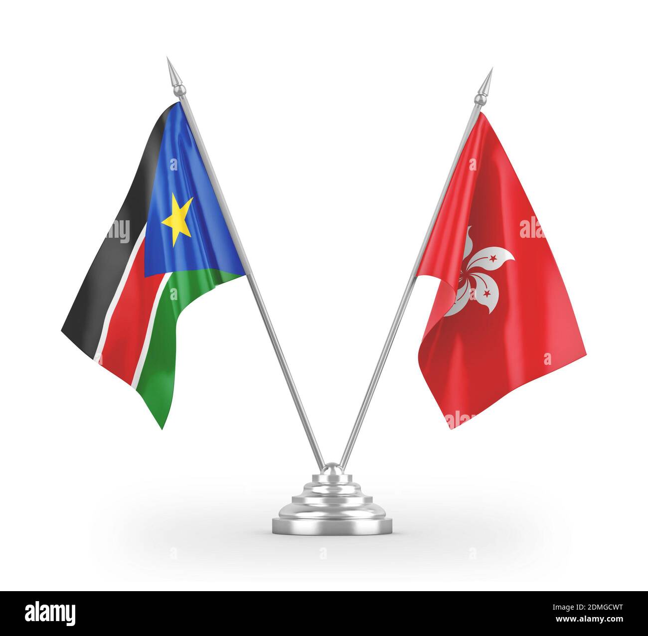 Hong Kong and South Sudan table flags isolated on white 3D rendering Stock Photo