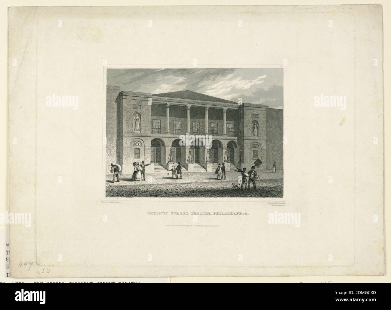 Second Chestnut Street Theater, Philadelphia, R. Goodacre, Engraving on paper, Horizontal rectangle. Oblique view of the theater. Persons in the street. Caption similar to 1938-57-1409, except for the number '47.' 'Drawn by R. Goodacre CHESTNUT STREET THEATRE, PHILADELPHIA', Europe and USA, 1831, Print Stock Photo