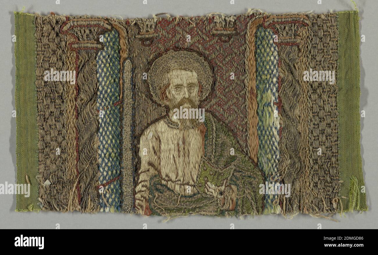 Orphrey fragment, Medium: silk, metallic thread on linen Technique: embroidered, Part of an orphrey with the head of a saint., Italy, 16th century, embroidery & stitching, Orphrey fragment Stock Photo