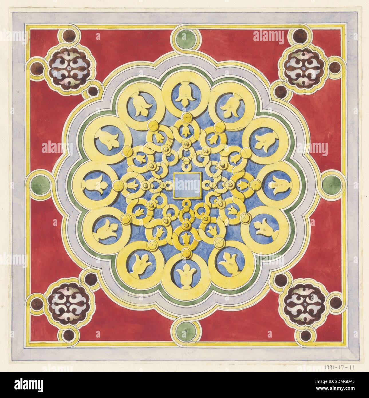 Design for Decorative Panel for July Festival Architecture, Félix-Jacques Duban, French, 1798 - 1870, Brush and watercolor, gouache, black wash, pen and black ink, graphite on cream paper mounted on cream laid paper, Design for a hexagonal column capital with red, blue, and gold, geometric Arabic-style ornament., 1835, architecture, Drawing Stock Photo