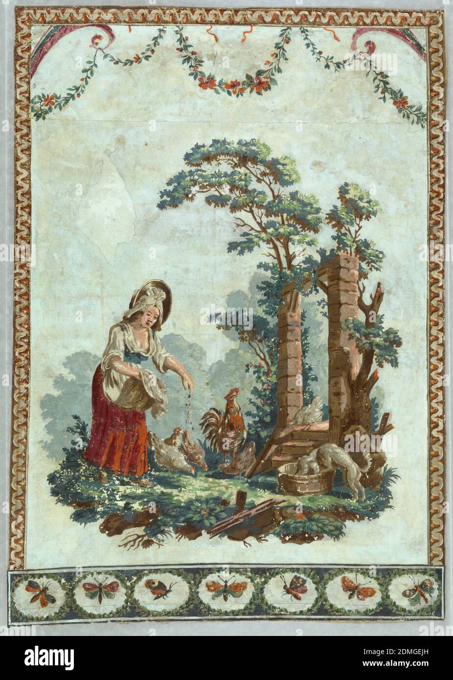 Sidewall and borders, Block-printed on handmade paper, Vertical rectangle. Woman in a red-skirted dress, feeding chickens. Across the bottom is a border of butterflies; across the top a border of festooned flowers and foliage; above this, and along the two sides, a border of simulated cyma reversa molding., Lyon, France, 1780–85, Wallcoverings, Sidewall and borders Stock Photo