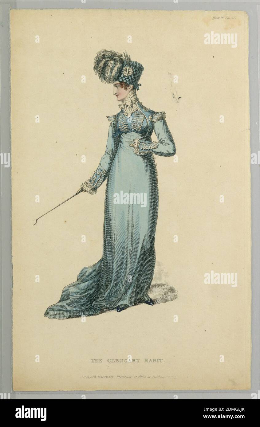 The Glengary Habit, from R. Ackerman's Repository of Arts, &c., Wood  engraving on cream paper, A woman dressed in blue empire waist dress and a  plumed checkered bonnet., probably England, September 1,