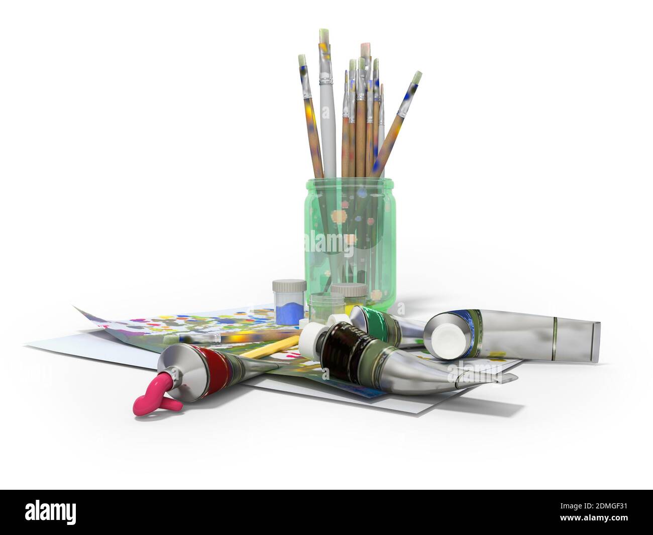 Set of artist tubes with paint brushes paper for drawing 3d rendering
