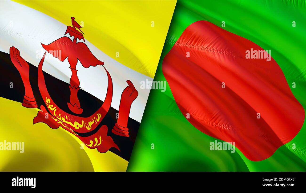 Brunei and Bangladesh flags. 3D Waving flag design. Brunei Bangladesh flag, picture, wallpaper. Brunei vs Bangladesh image,3D rendering. Brunei Bangla Stock Photo