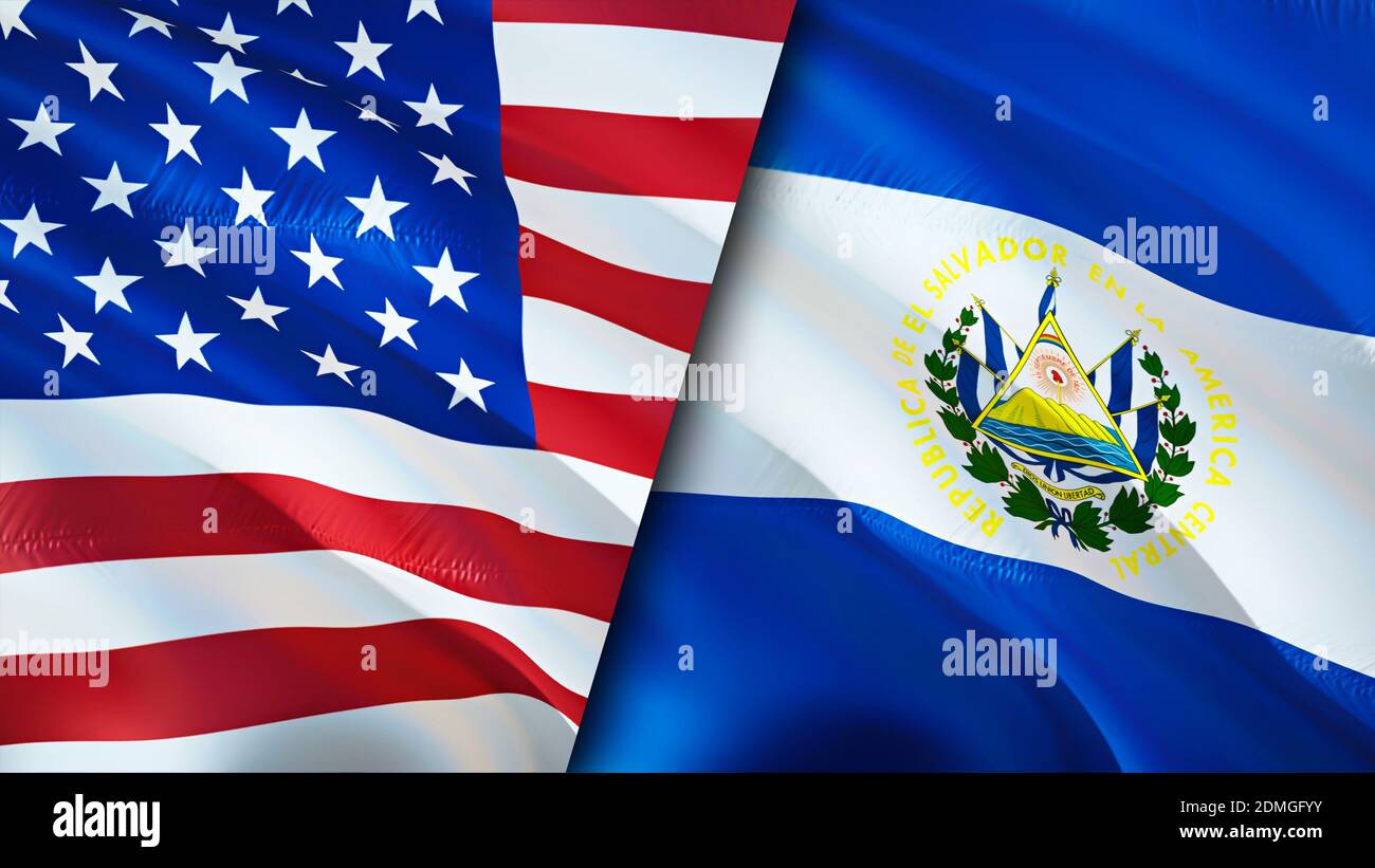 USA and El Salvador flags. 3D Waving flag design. USA El Salvador flag
