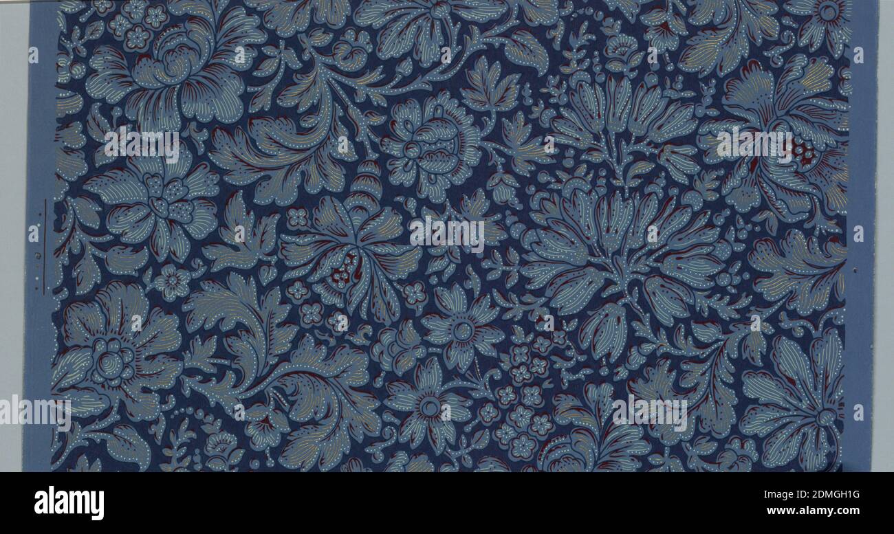Sidewall American Wall Paper Manufacturers Association 1879 1887 Machine Printed On Paper All Over Floral Pattern Printed In Dark Blue With Red Light Blue And Gold Accents The Flower Is The Blue Ground Color With
