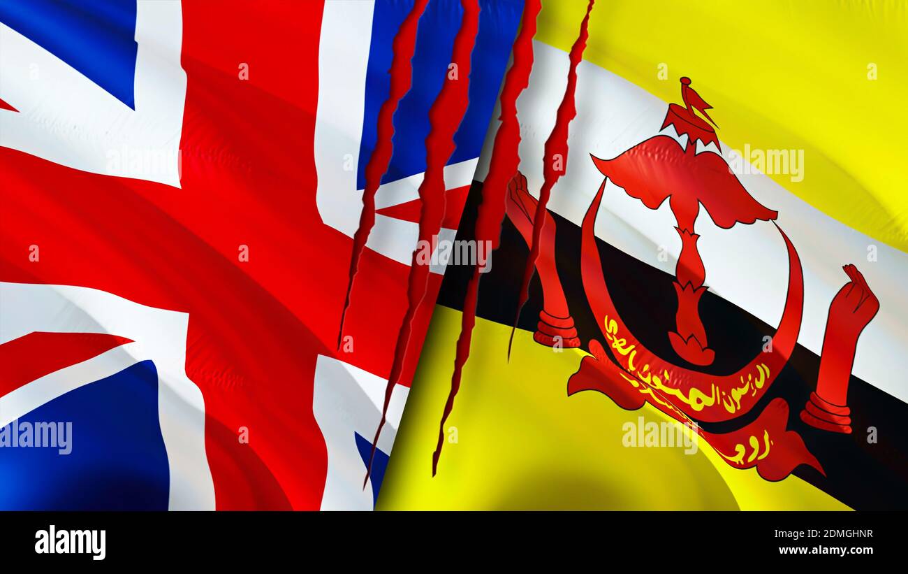 United Kingdom and Brunei flags with scar concept. Waving flag,3D rendering. United Kingdom and Brunei conflict concept. United Kingdom Brunei relatio Stock Photo