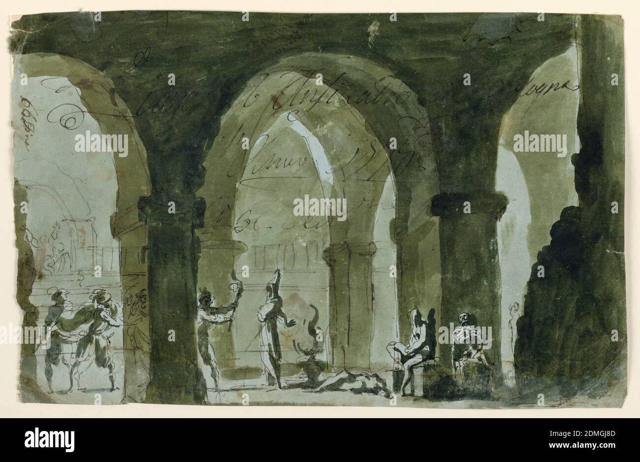 Stage Setting, People Rushing into Crypt, Pen and bistre ink, brush and green wash on green paper, Horizontal rectangle. Slight indication of vaults in interior space. Fire burning at center, several figures rushing in from left with lit torches. Skeleton in the foreground at right, possibly representing Death. Verso: Skull and skeleton., Italy, ca. 1775, theater, Drawing Stock Photo