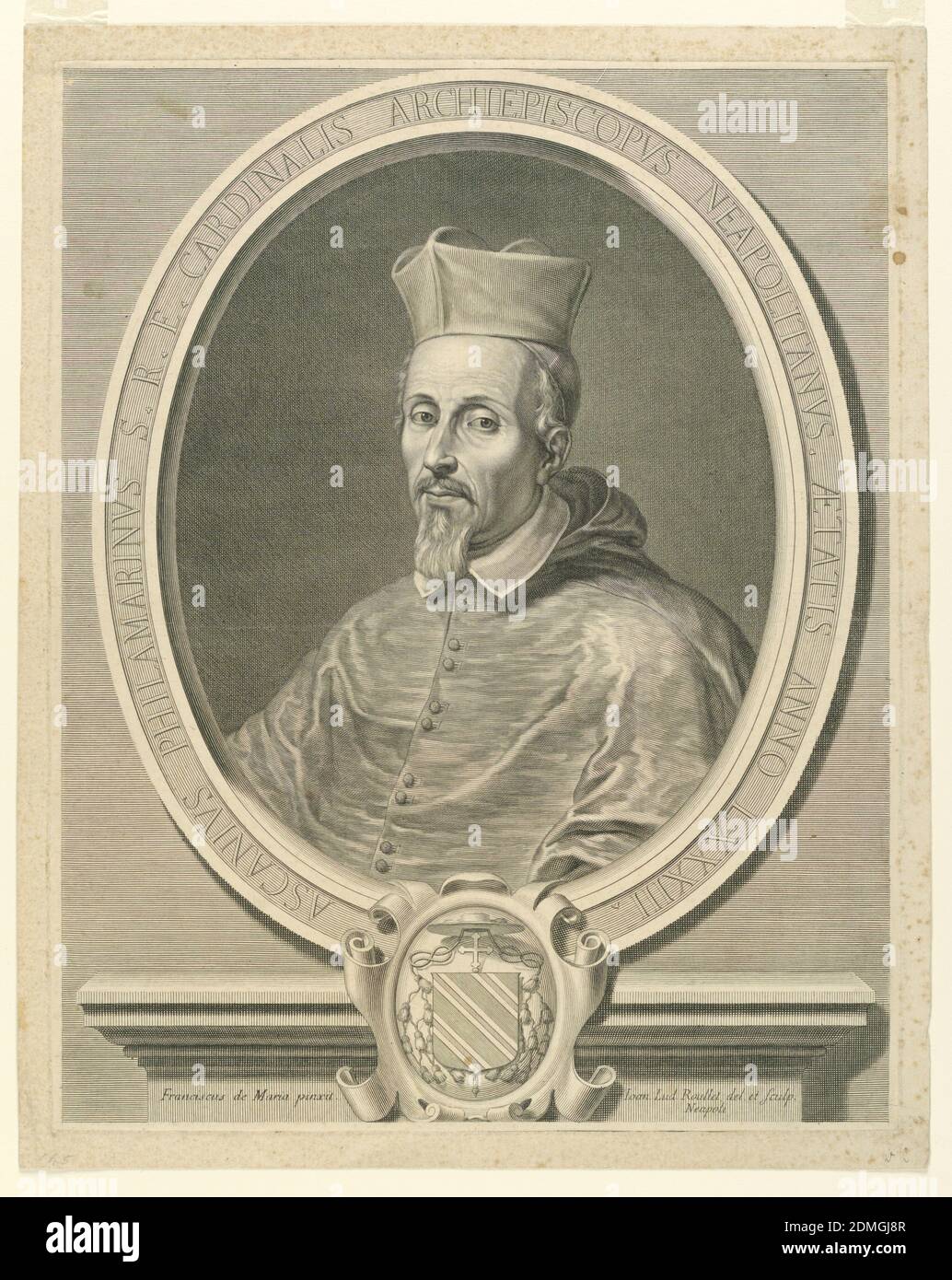 Portrait of Cardinal Ascanius Philamarinus, Jean Louis Roullet, French, 1645 - 1699, Francesco di Maria, Italian, 1623 - 1690, Engraving on paper, Half-length portrait in three-quarter view toward left; facing onlooker. Below, coat-of-arms of the sitter., France or Italy, ca. 1670, Print Stock Photo