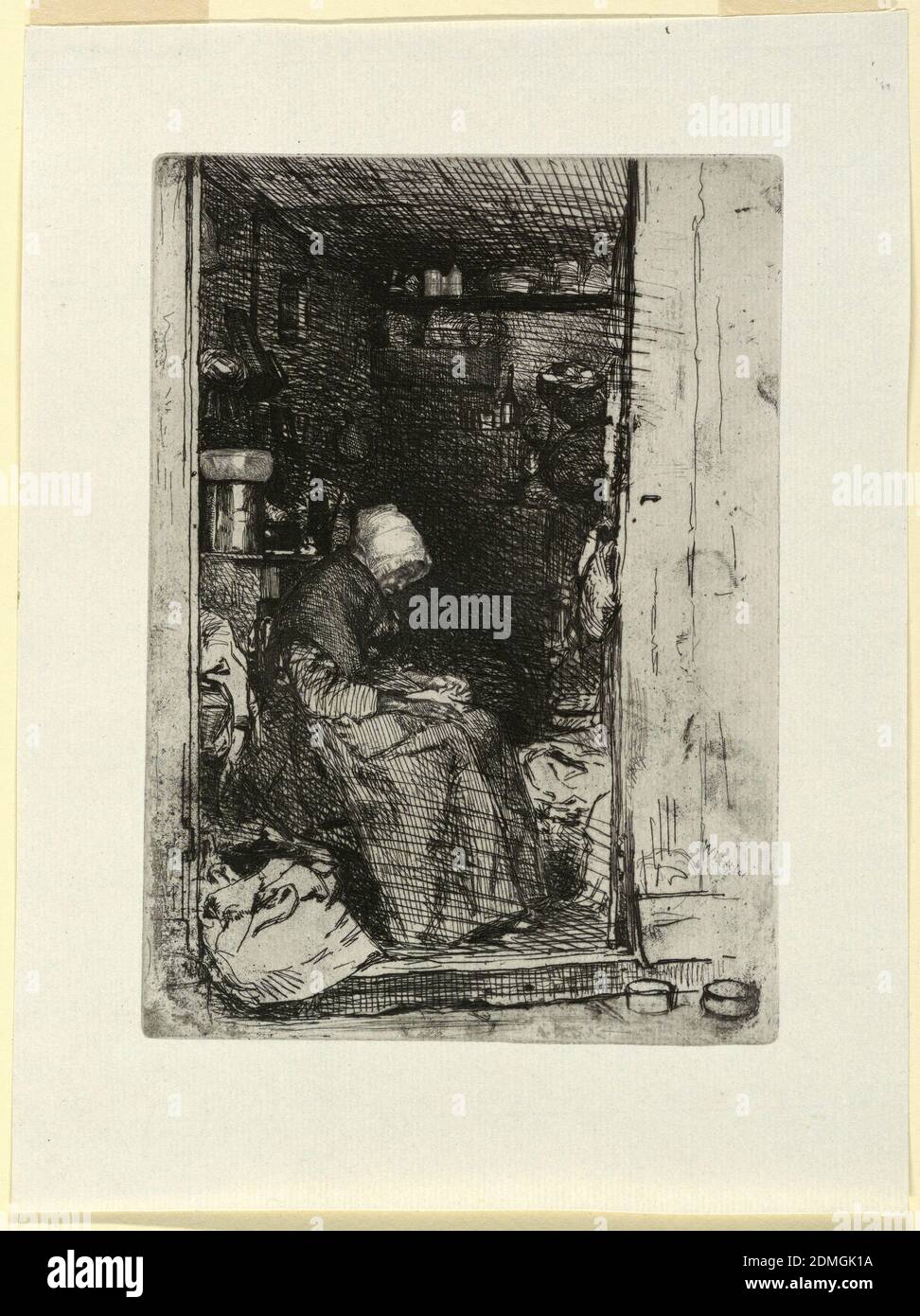 La Vieille aux Loques, James McNeill Whistler, American, 1834–1903, Etching and drypoint on paper, Portrait of an older female figure in an open doorway of a shop., USA, 1858, figures, Print Stock Photo