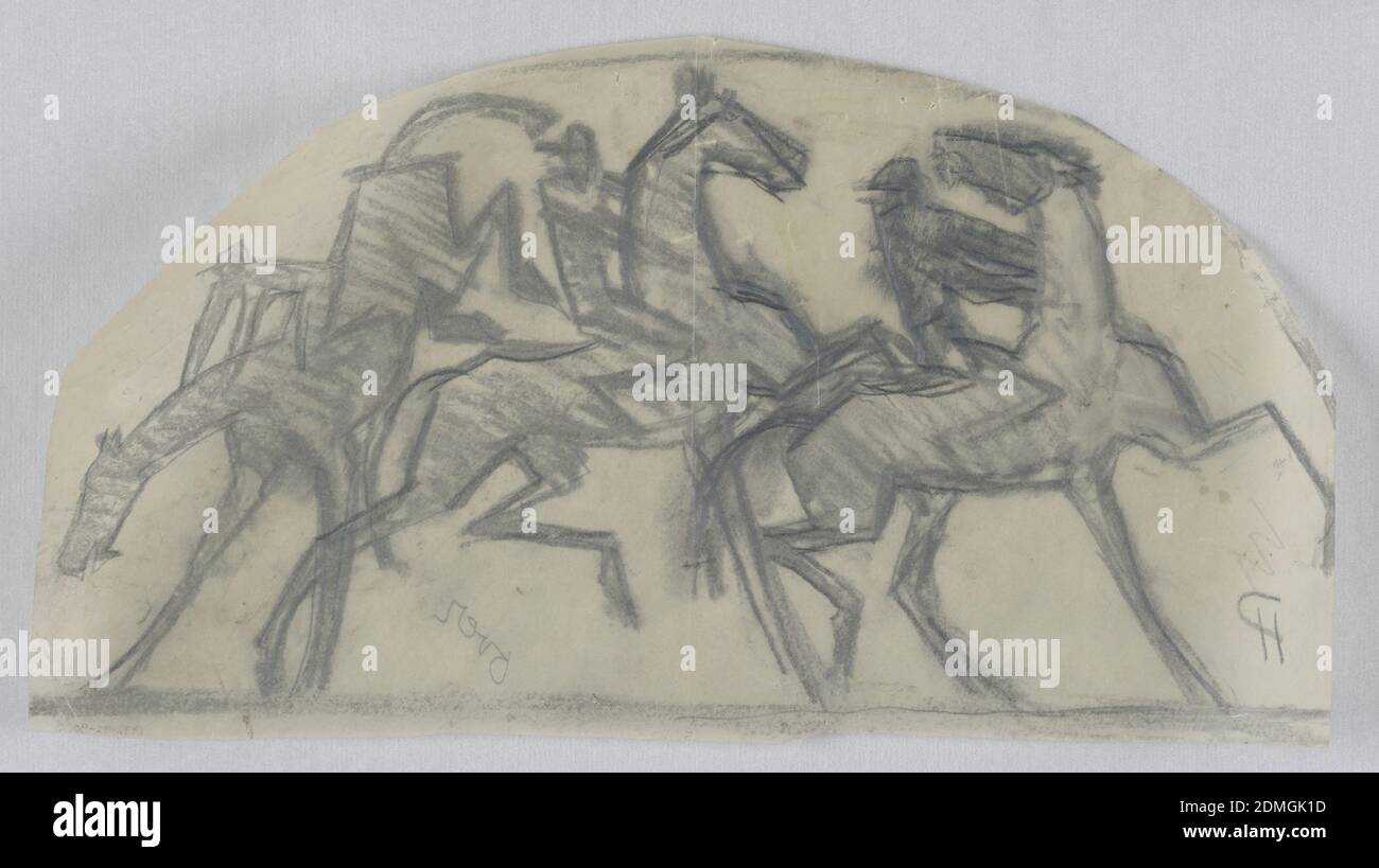 Jockeys on Horseback, William Hunt Diederich, American, b. Hungary, 1884–1953, Graphite, charcoal on tracing paper, On curved irregular sheet, three pairs of jockeys on horseback, the figure at left riding a bucking horse. At lower left, a pilcrow symbol., USA, ca. 1920, figures, Drawing Stock Photo
