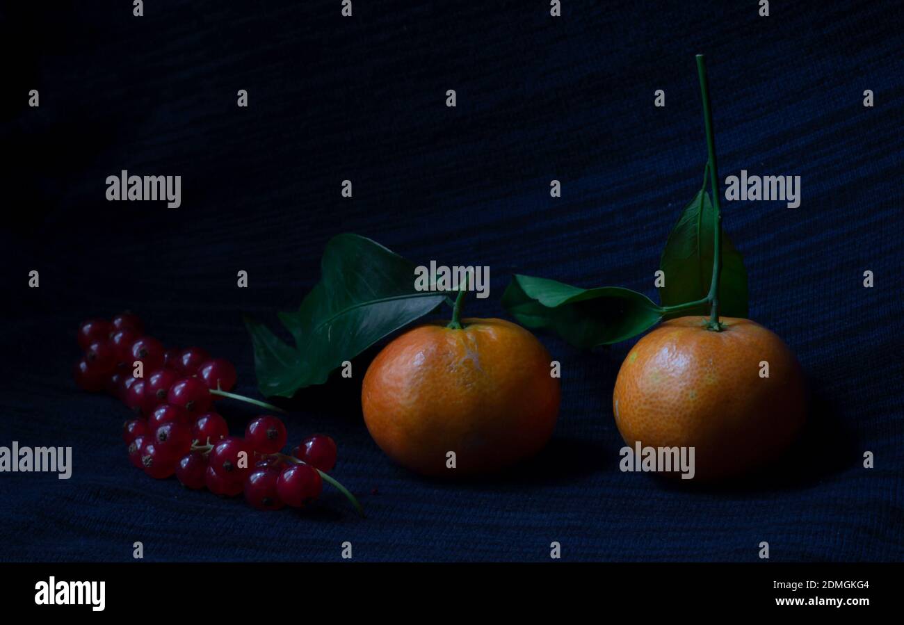Tangerines and red currant fruits on dark blue background. Light painting photography Stock Photo