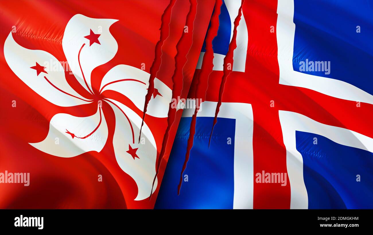 Hong Kong and Iceland flags with scar concept. Waving flag,3D rendering