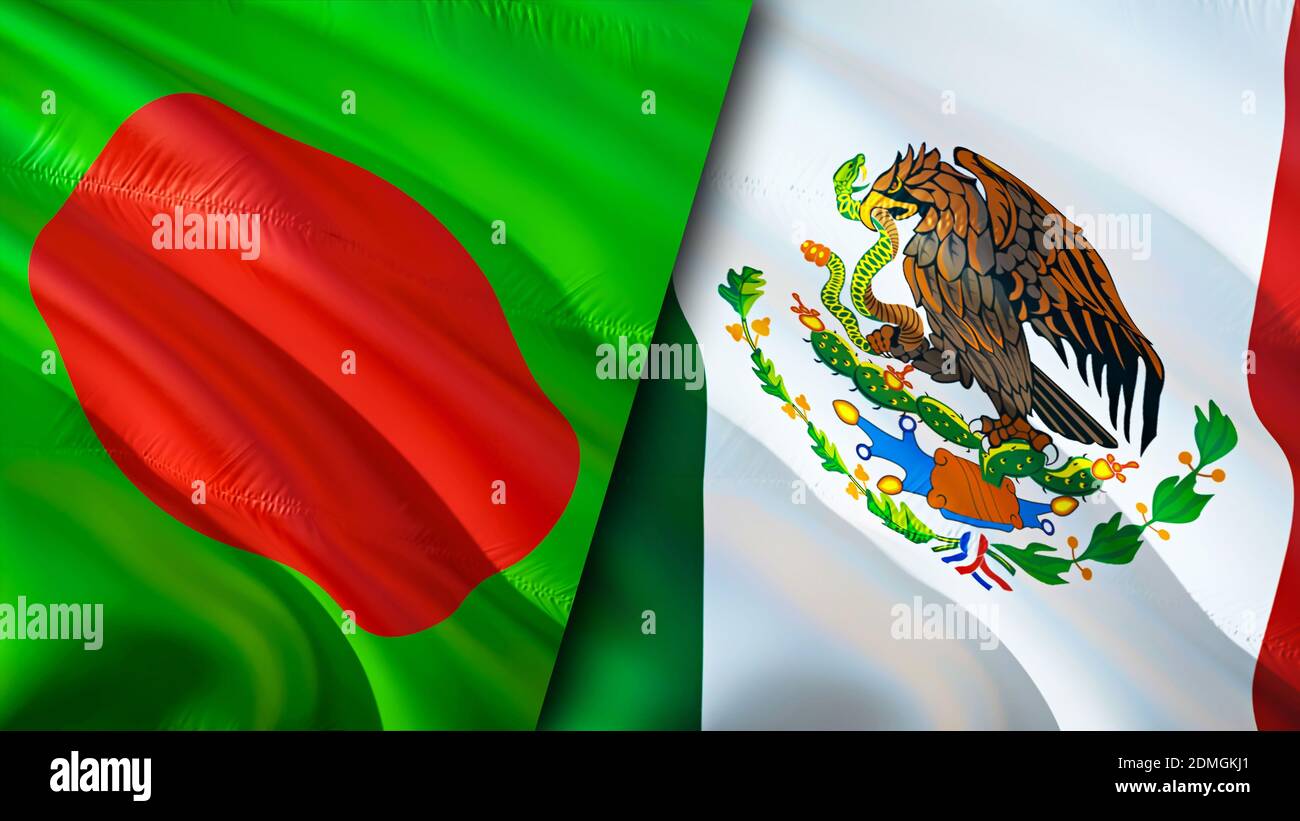 Bangladesh and Mexico flags. 3D Waving flag design. Bangladesh Mexico flag, picture, wallpaper. Bangladesh vs Mexico image,3D rendering. Bangladesh Me Stock Photo