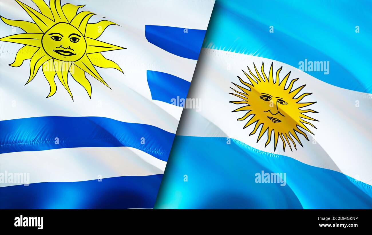 Uruguay and Argentina flags. 3D Waving flag design. Uruguay Argentina