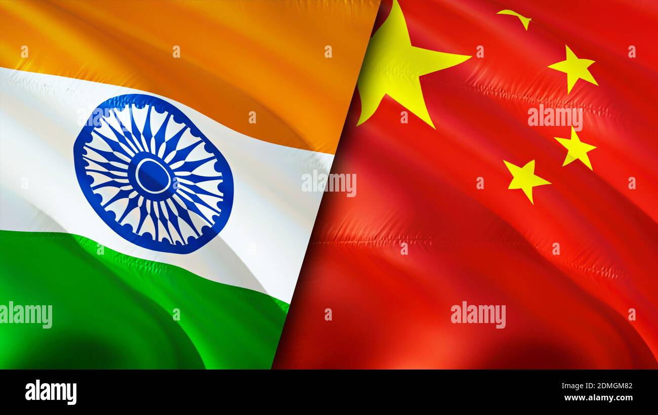 India and China flags. 3D Waving flag design. India China flag, picture, wallpaper. India vs China image,3D rendering. India China relations alliance Stock Photo