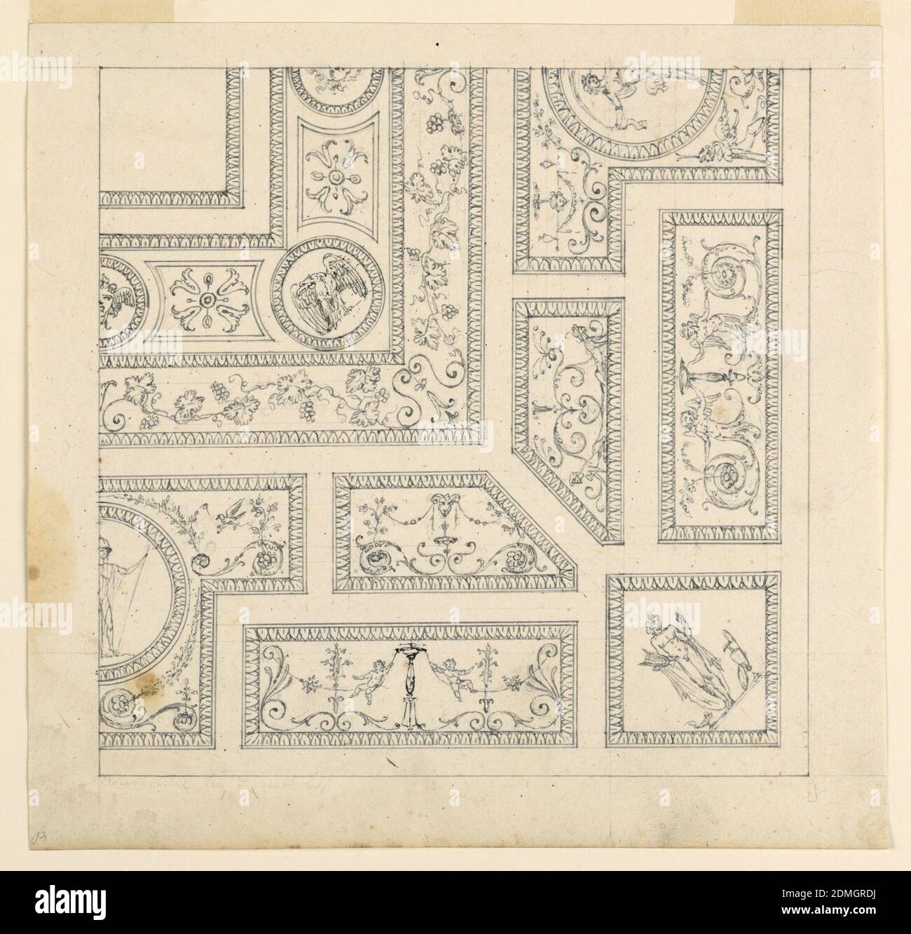 Project for a Ceiling, Graphite, pen and ink on paper, Portion of a ceiling shown divided into small panels, each with a grotesque. At the corner, a square panel with a classical figure. In the opposite corner, a roundel with an eagle., Italy, ca. 1780, ornament, Drawing Stock Photo