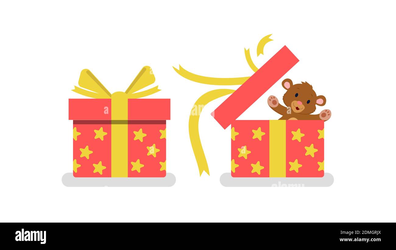 Flat Gift boxes star pattern with teddy bear doll vector illustration ...