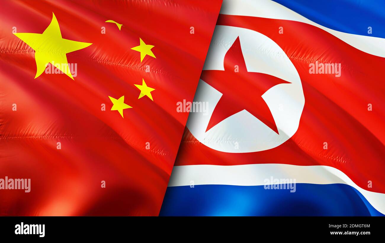 China and North Korea flags. 3D Waving flag design. China North Korea flag, picture, wallpaper. China vs North Korea image,3D rendering. China North K Stock Photo