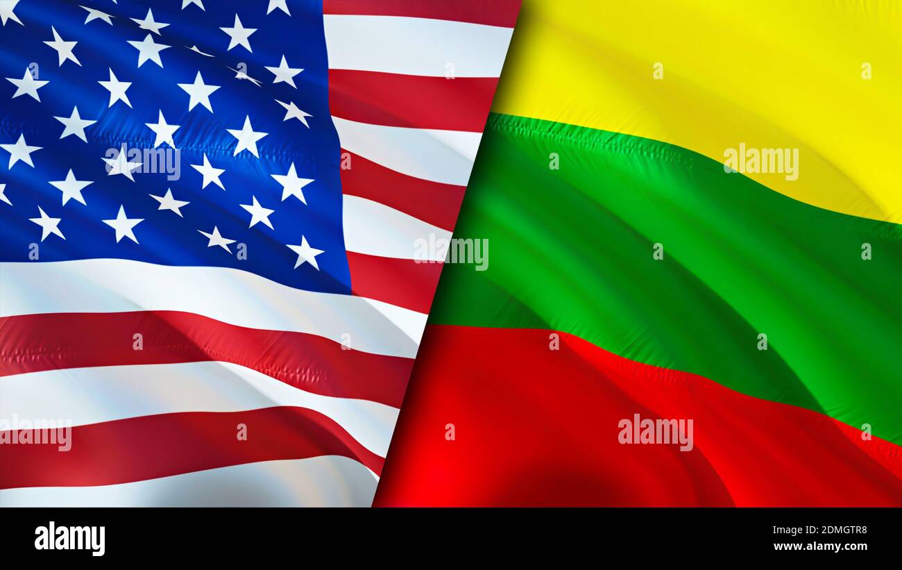 USA and Lithuania flags. 3D Waving flag design. USA Lithuania flag